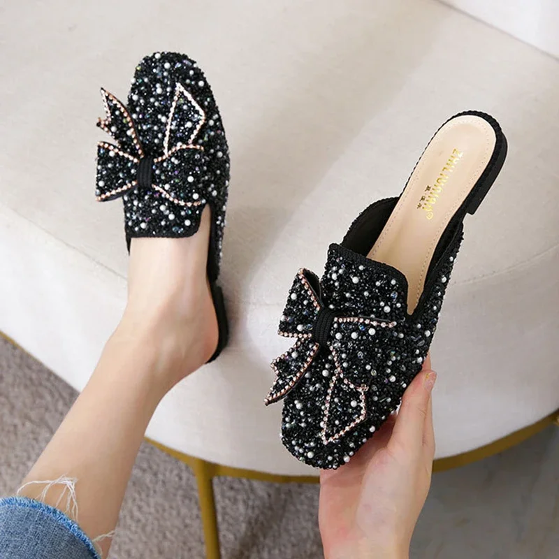 Baotou Half Slippers for Women Square Toe Paillette Beads Mules Women Shoes Fashion Pearl Bling Glitter Slides Plus Size 34-43