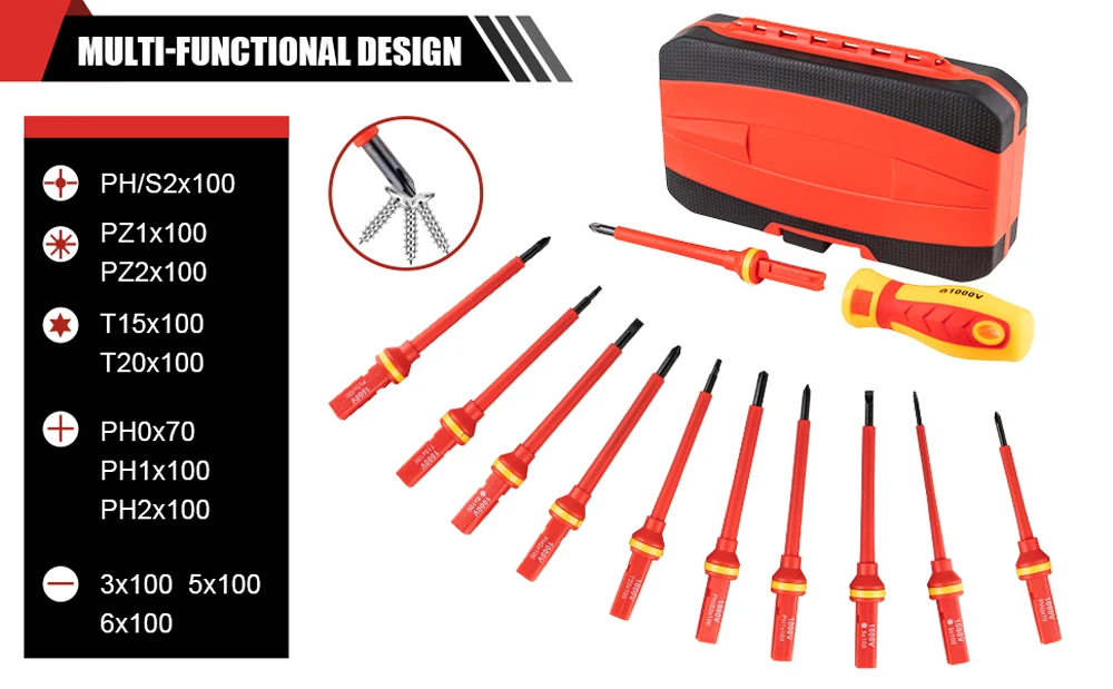 13/9-teiliges 1000V Isoliertes Schraubendreher-Set S2-Stahl Magnetische Spitzen PP+TPR-Griff für Elektriker-Reparaturwerkzeuge & Industrielle Anwendungen – Detail 11