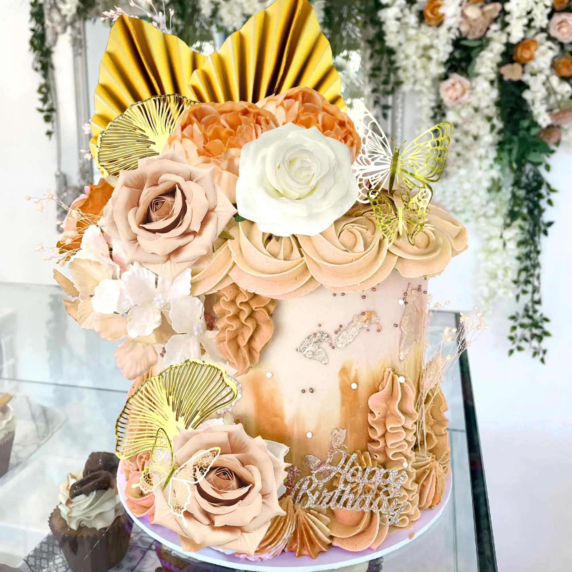 زينة كعكة زهرة لافينتي، زينة كعكة بيضاء وردية، أوراق النخيل، فراشة لمستلزمات الزفاف في عيد الحب #5