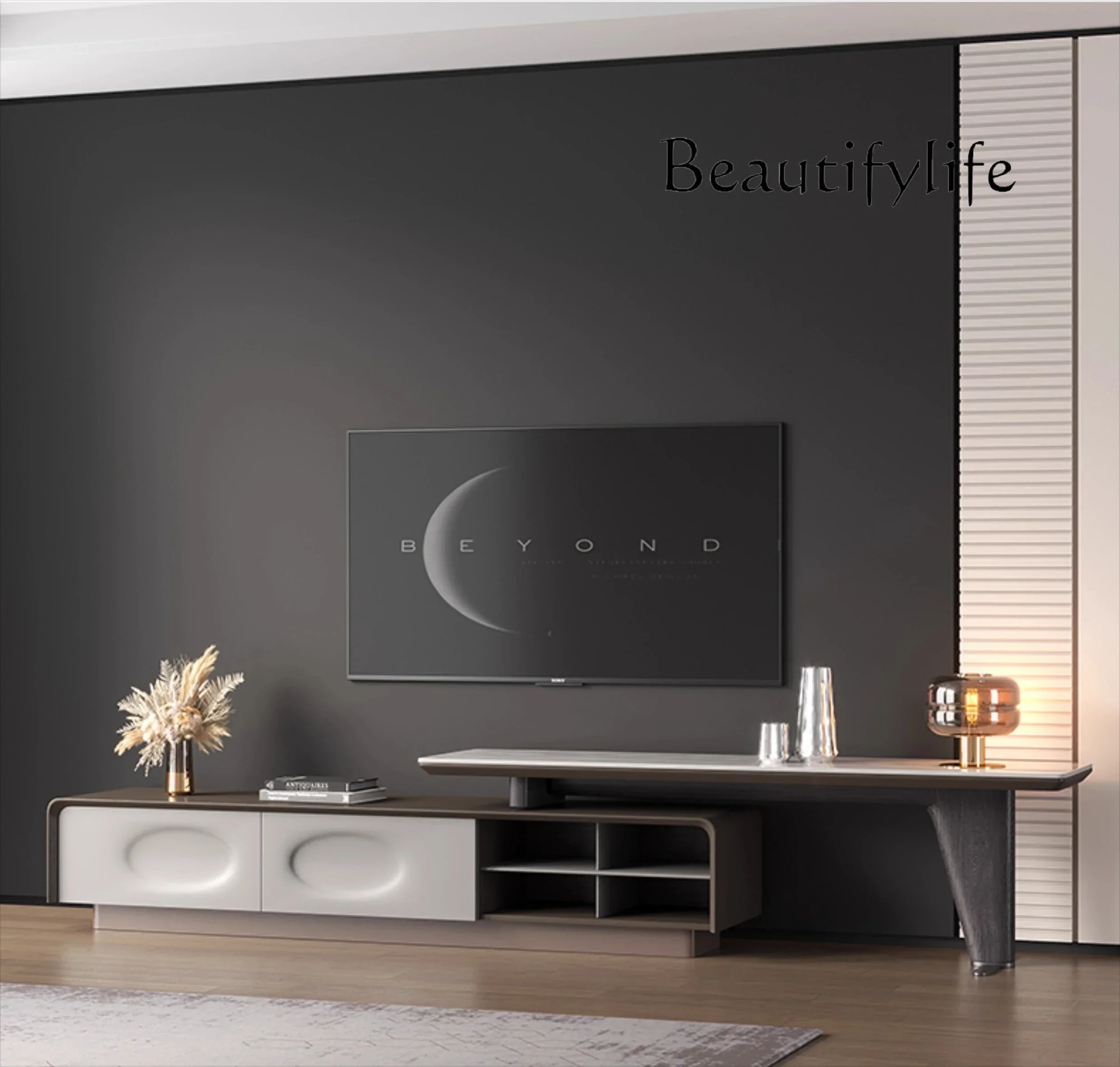 

New floor-to-ceiling TV cabinet Modern simple light luxury marble TV cabinet Living room rock slab retractable floor cabinet