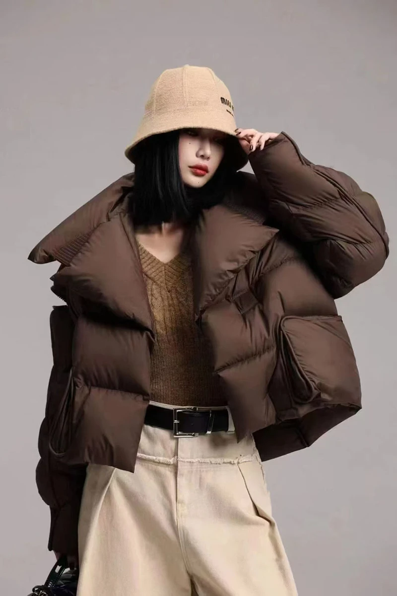 Winter White Duck Down Short Parka Spliced Fashion Women\'s Knitted Big Collar Puffer Jacket Stylish and Thick Loose Puffer Coat