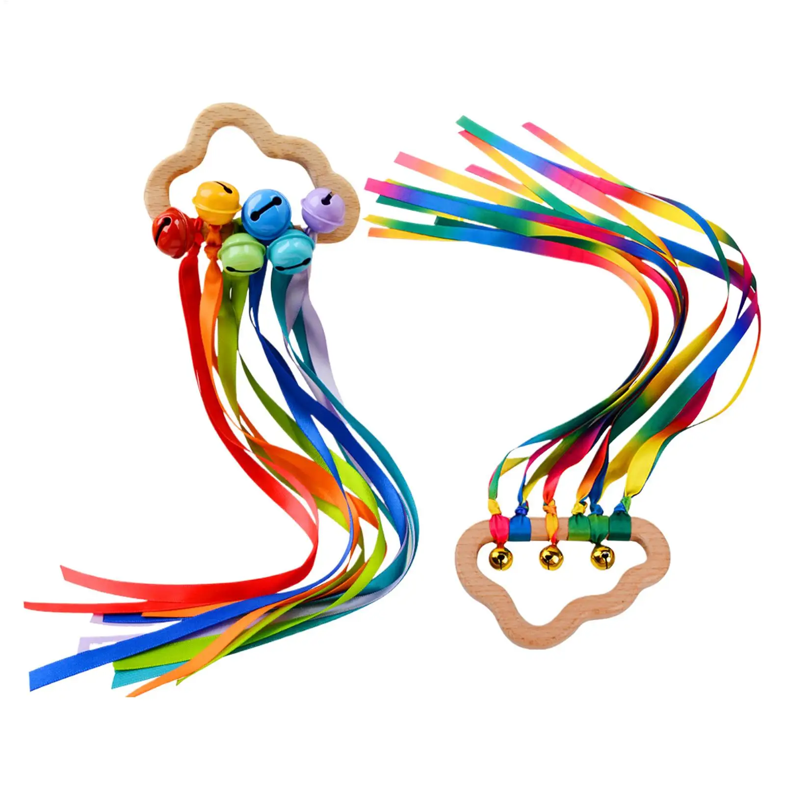 Baby Rattle Toy Rainbow Wooden Teething Ring Easy Grip Sensory Ribbon Bell Shaker for Toddler Montessori Educational Gift