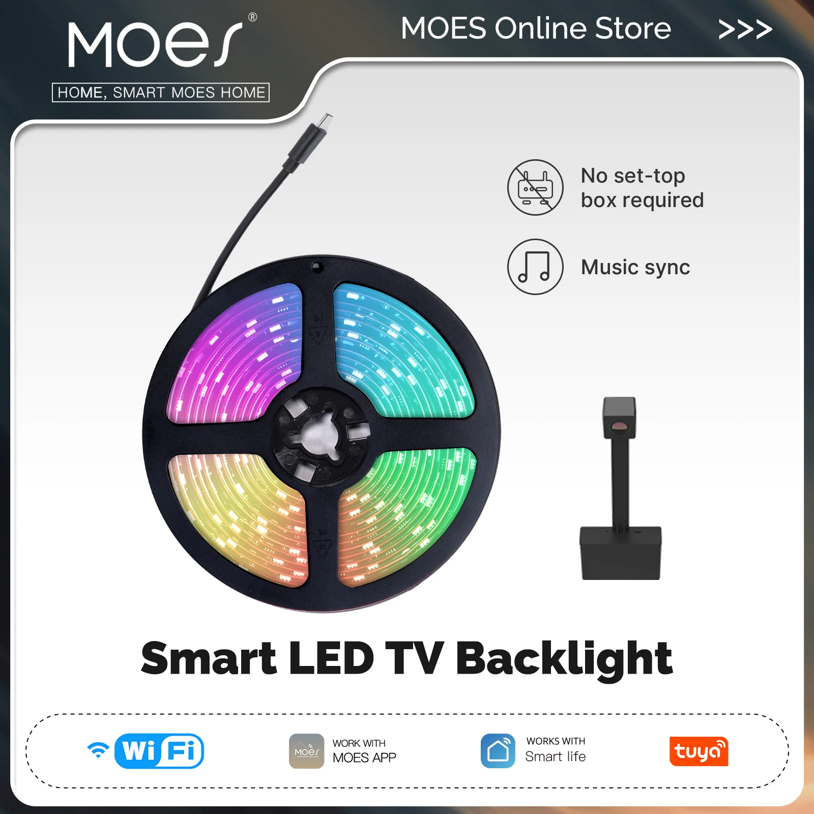 MOES Smart WiFi Ambient TV Backlight No Set-Top Box Required Music Sync LED Light Strip Timing Fucntion Multiples Scenes