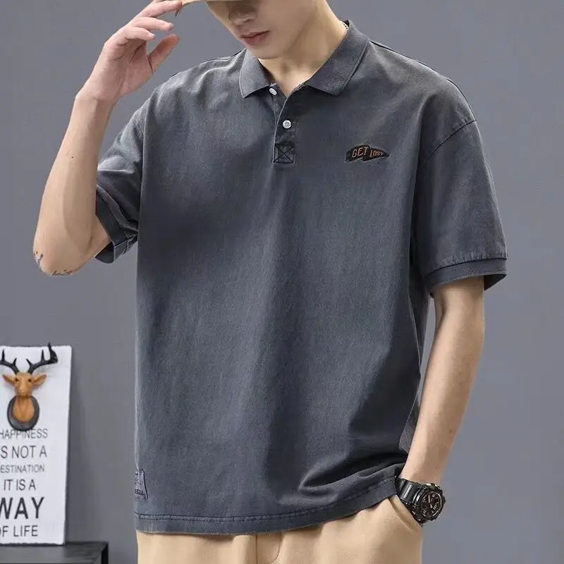 Retro Trendy Summer Polo Shirts Men Cotton T-shirt Lapel Button Embroidery Short Sleeve Loose Minimalist Breathable Casual Tops