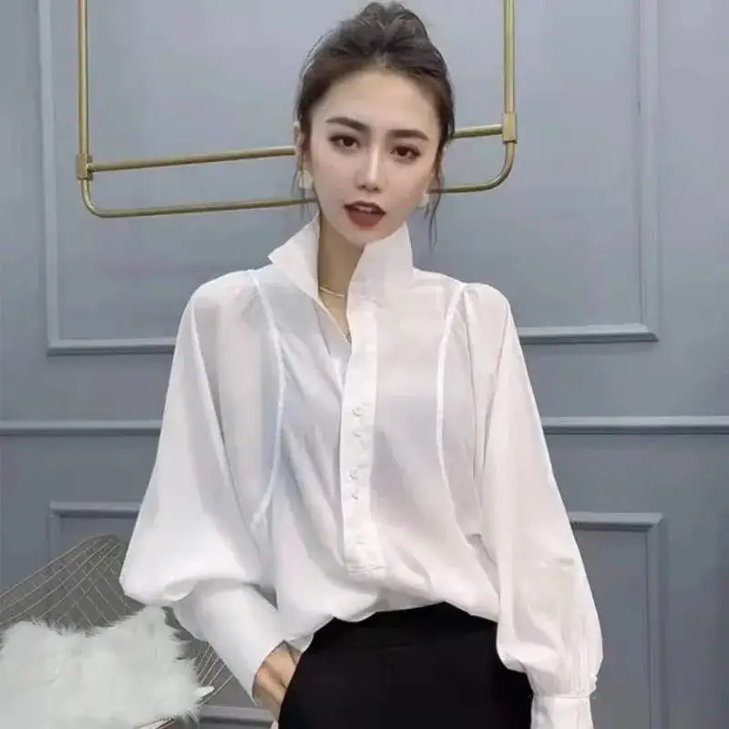 Stylish Solid Color Spliced Folds Lantern Sleeve Blouse Female Clothing 2023 Autumn New Casual Pullovers Loose Office Lady Shirt