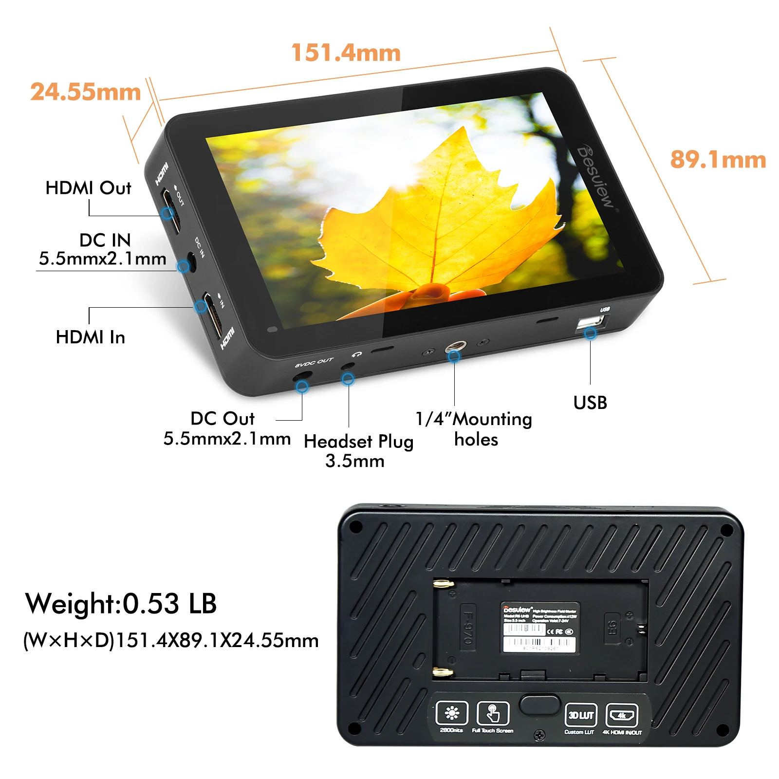 Desview R6 Camera Field Monitor 2800nits 5.5 inch Full HD Touch Screen Camera Monitor 4K HDMI 3D LUT Peaking Focus for DSLR