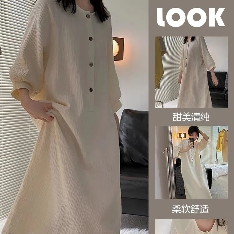 Einfaches, schlichtes Damen-Nachthemd mit halber Knopfleiste, langen Ärmeln, Midi-Schlafkleid, lockeres, lässiges Loungewear-Kleid, Damen-Alltagskleidung, Nachthemd für zu Hause.