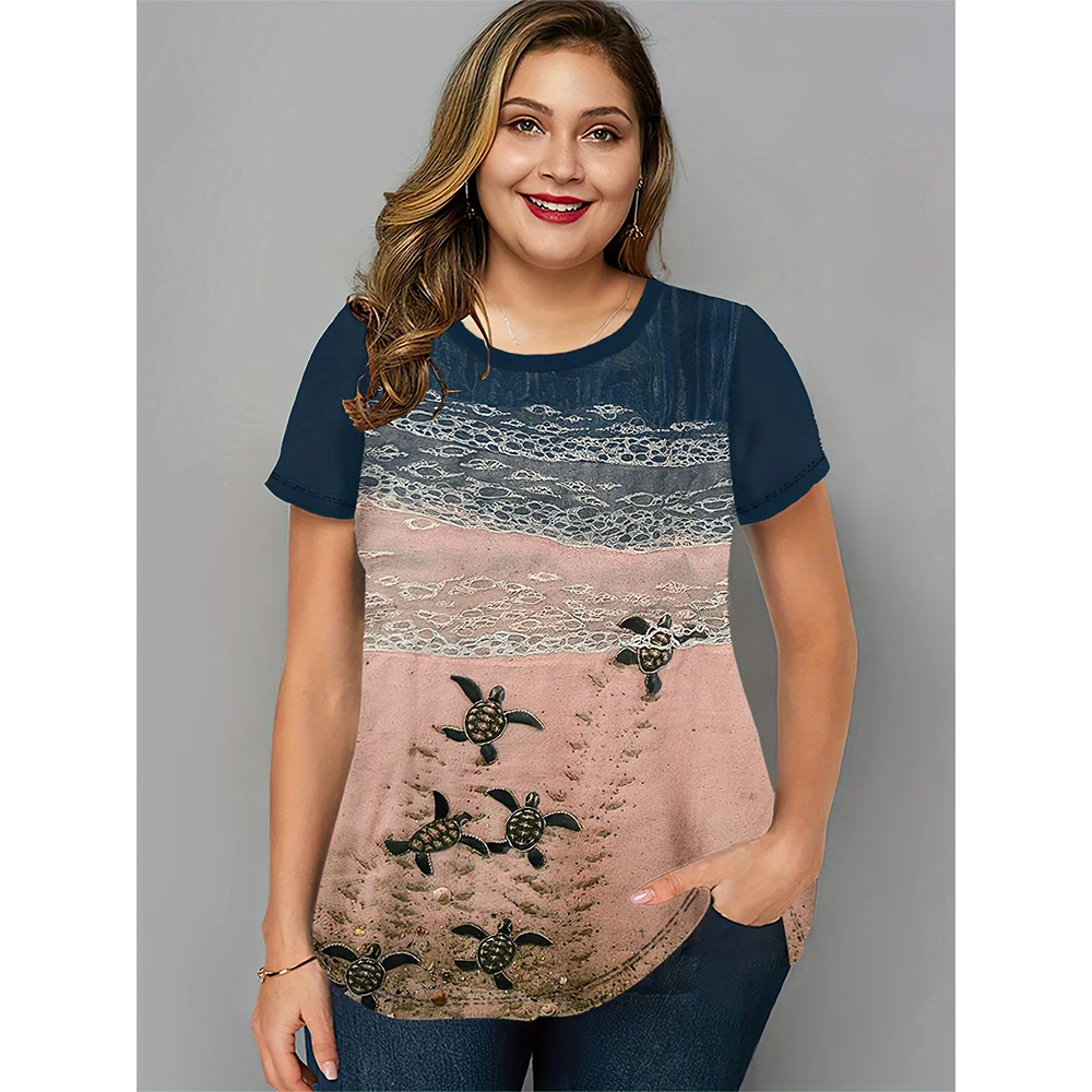 Women's T-shirt Ocean Turtle  Print T-shirt Natural Niche Design Harajuku Casual Short Sleeved Top Plus Size Women's Clothing