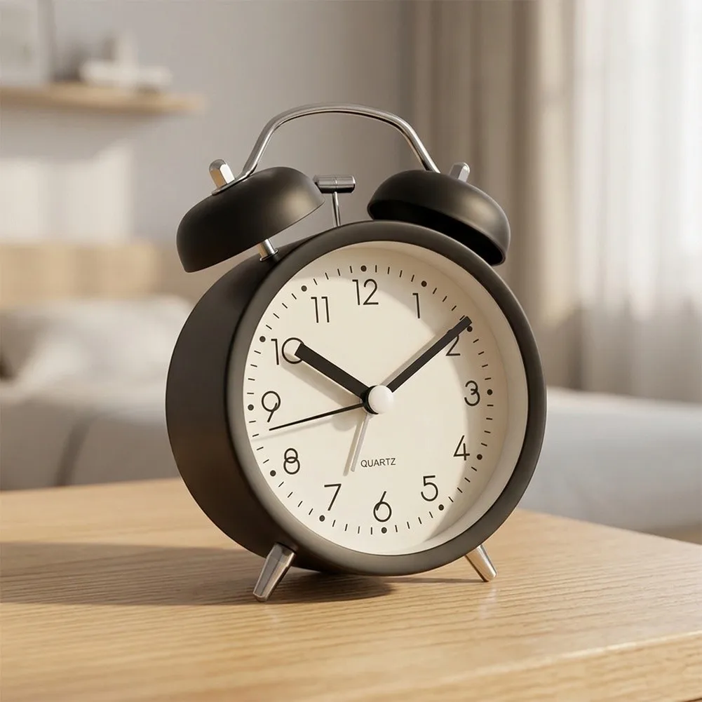 Student Alarm Clock Made of Metal with Luminous Silent Sweep Second Hand Mechanical Bell and Push Button Light Feature