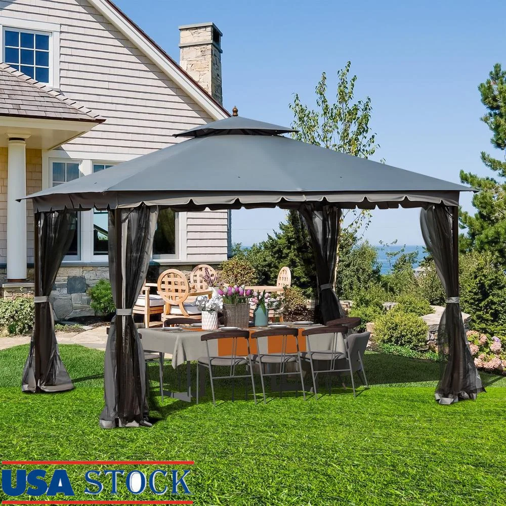 10x12 Outdoor Gazebo Waterproof Heavy Duty Metal Frame with Mosquito Netting Double Air Roof Zippered Walls Perfect Backyard