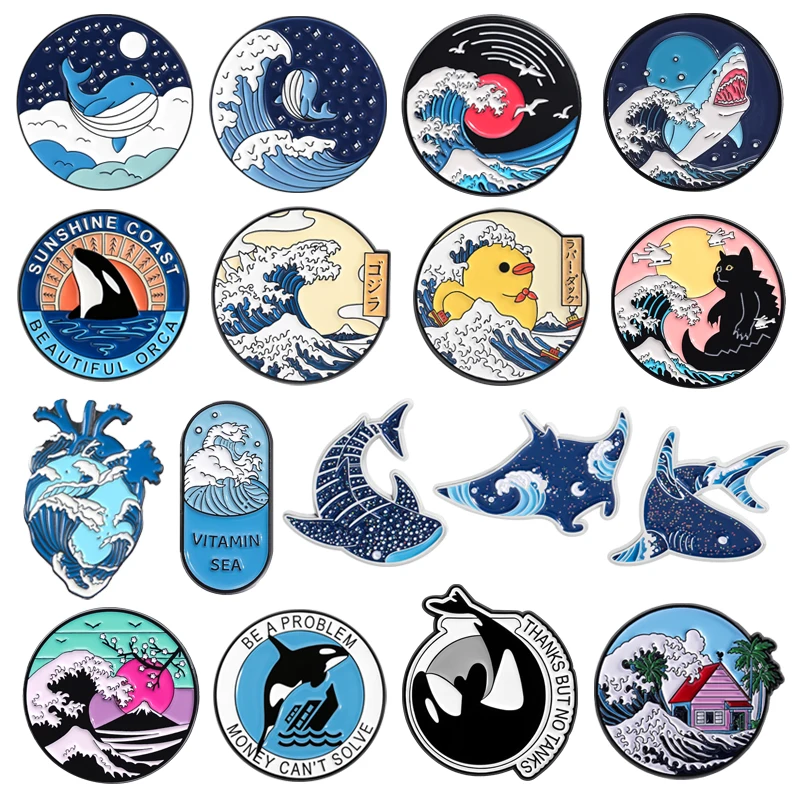 Vitamin Sea Enamel Pins Art The Great Wave Of Kanagawa Orca Whale Sunset Shark Brooches Lapel Badge Jewelry Gifts for Friends