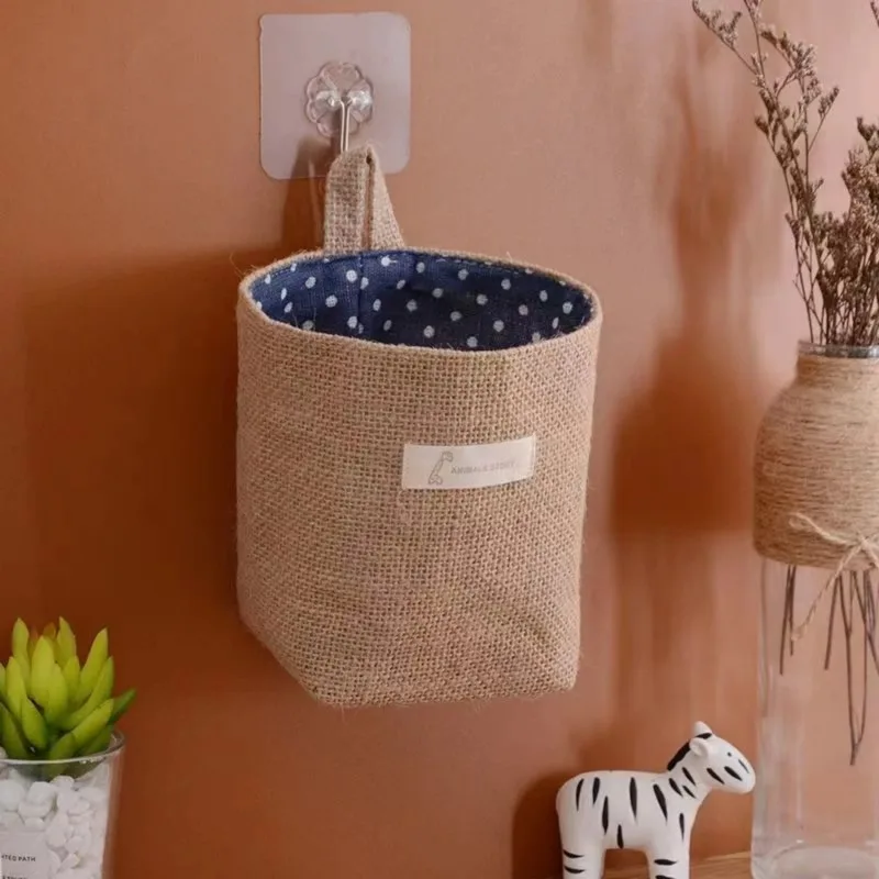 2pcs Wall-Hanging Storage Bags Cotton Linen Storage Basket Foldable Basket Family Organizer Box Decorative Bag (Color as Shown)