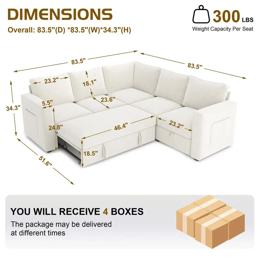 83.5 Sectional Sleeper Sofa with Pull Out Couch, Modern 5 Seat L Shaped Modular Couch, Sectionals Modular Sofa with S Customized