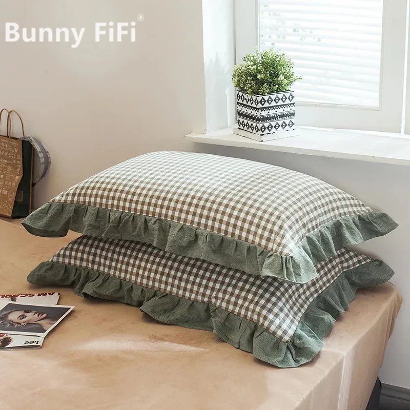 2pcs 48x74cm Washed Cotton Pillowcase Home Bedding Super Soft Plaid Pillow Cover Ruffled Pillow Case Dorm Girl Room Decoration