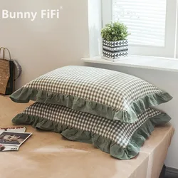 2pcs 48x74cm Washed Cotton Pillowcase Home Bedding Super Soft Plaid Pillow Cover Ruffled Pillow Case Dorm Girl Room Decoration