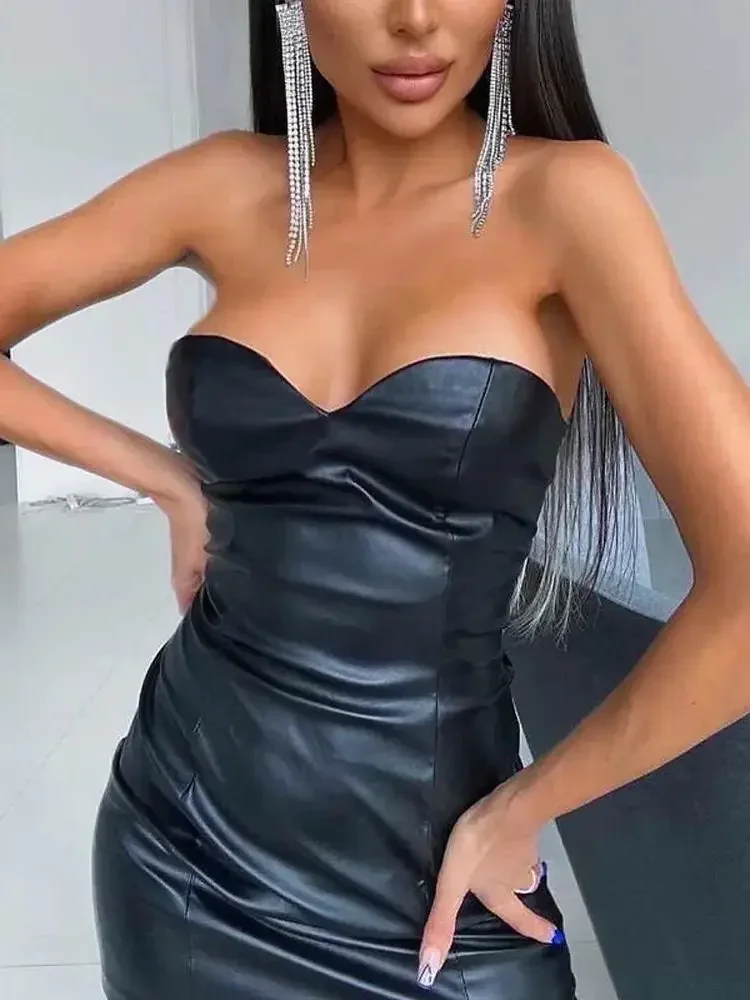 Vestido sin tirantes de piel sintética, Vestido sin mangas con escote en V profundo, paquete de medias, minifalda Sexy a la cadera, ropa para discoteca