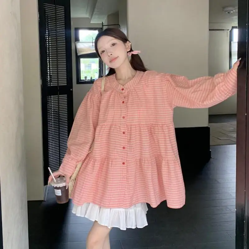 

Sweet and Cute Korean Plaid Round Neck Shirt for Women's Spring and Summer New Loose Casual Solid Color Long Sleeve Shirt Top