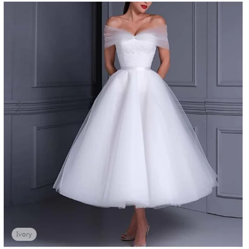 Reception Little White Dress Bridal Shower Dresses Wedding Dresses Ball Gown Off Shoulder Cap Sleeve Tea Length Lace Bridal Gown