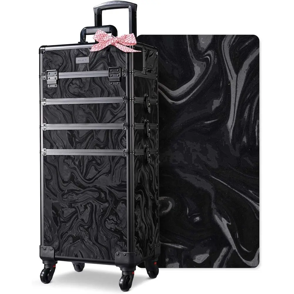 

Rolling Makeup Train Case with Wheels, 4-in-1 Professional Travel Bag, Lockable Organizer for Cosmetologists, Hairstylists, and