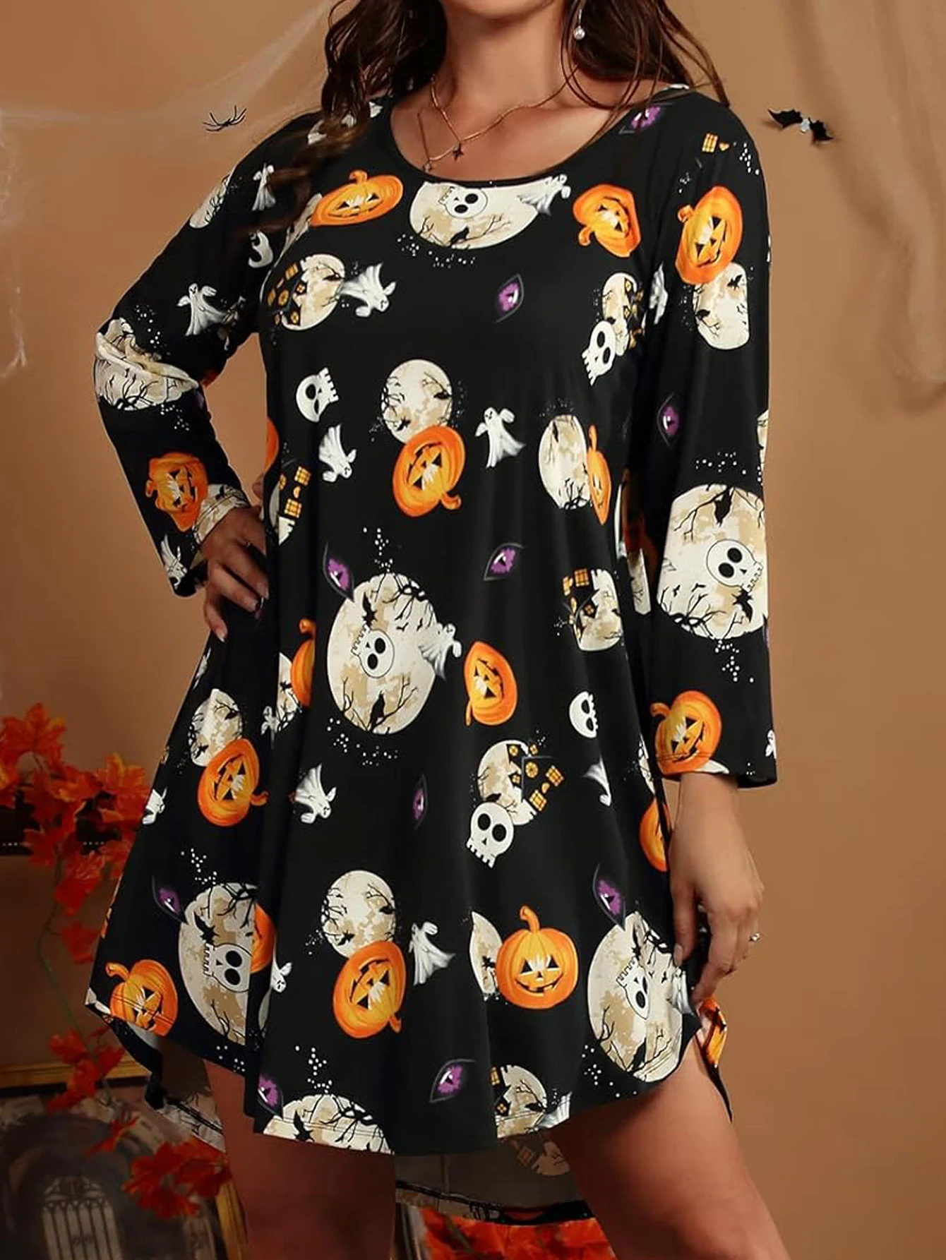 Plus Size Damska sukienka na Halloween z nadrukiem dyni Casualowa jesienno-zimowa sukienka z okrągłym dekoltem i długim rękawem