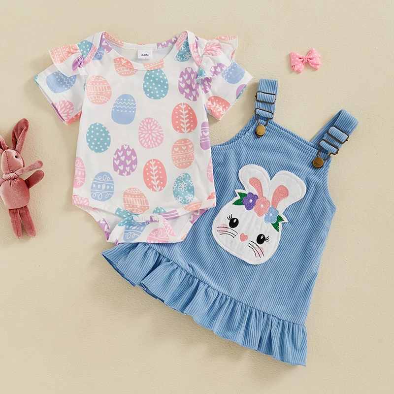 Tenue de Pâques pour bébés filles, barboteuses à imprimé nœud d'oeuf, ensemble de robe à bretelles ours lapin, vêtements d'été mignons