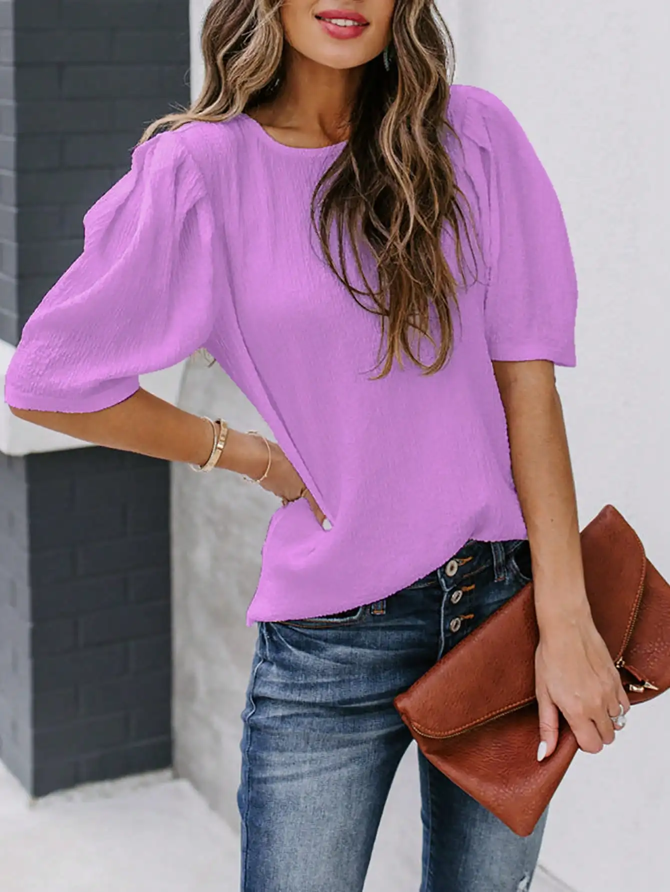 

Женская однотонная рубашка с коротким рукавом, повседневная блузка с круглым вырезом, модная рубашка с рукавами-лепестками на лето