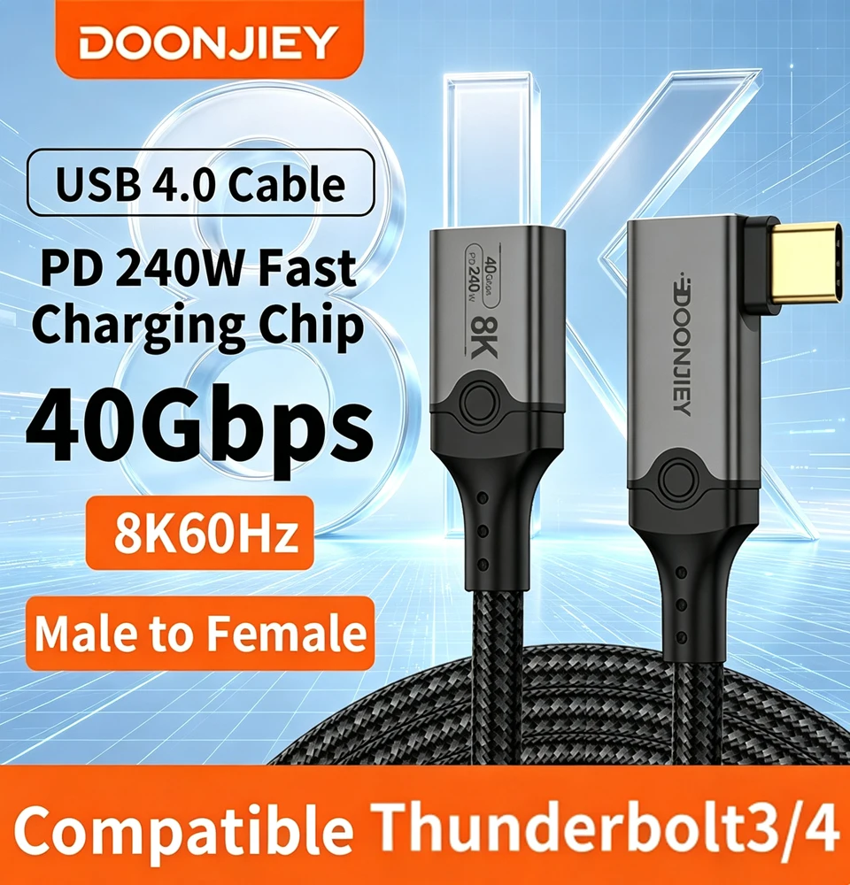 DOONJIEY Right Angle Thunderbolt4 USB4 Cable 90 Degree Elbow 8K 240W Fast Charging 40Gbps Data Sync USB Cord All Directions