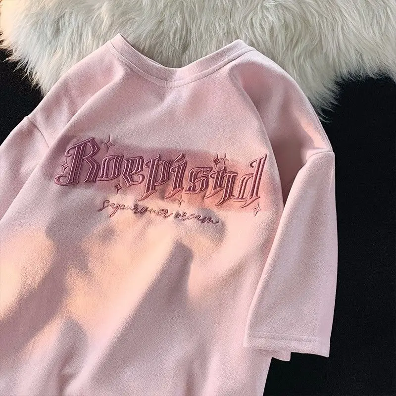 

Hip hop retro high street men and women trend personality letter round neck short sleeved couple loose Harajuku suede T-shirt