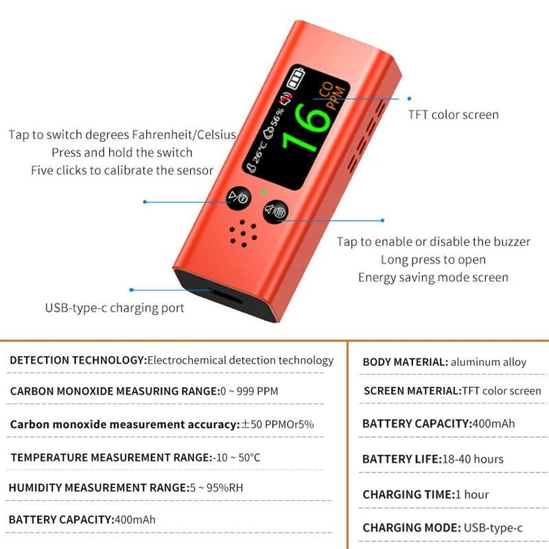 휴대용 일산화탄소 감지기 CO 감지기 알람 온도 습도 센서, 실내 및 여행용 공기질 테스터 도구, 3 in 1