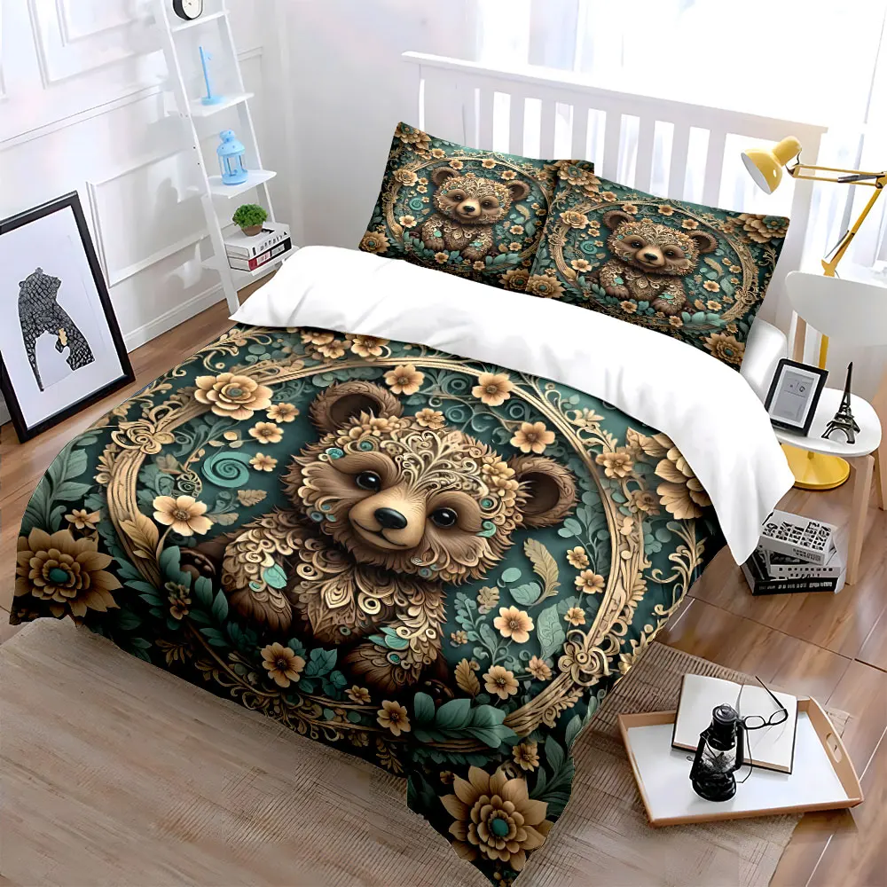 Cute Bear Surrounded by Flowers Printed Duvet Cover Set1 Duvet Cover+2 PillowcaseMulti Size Bedroom Bedding Decor Luxury gifts