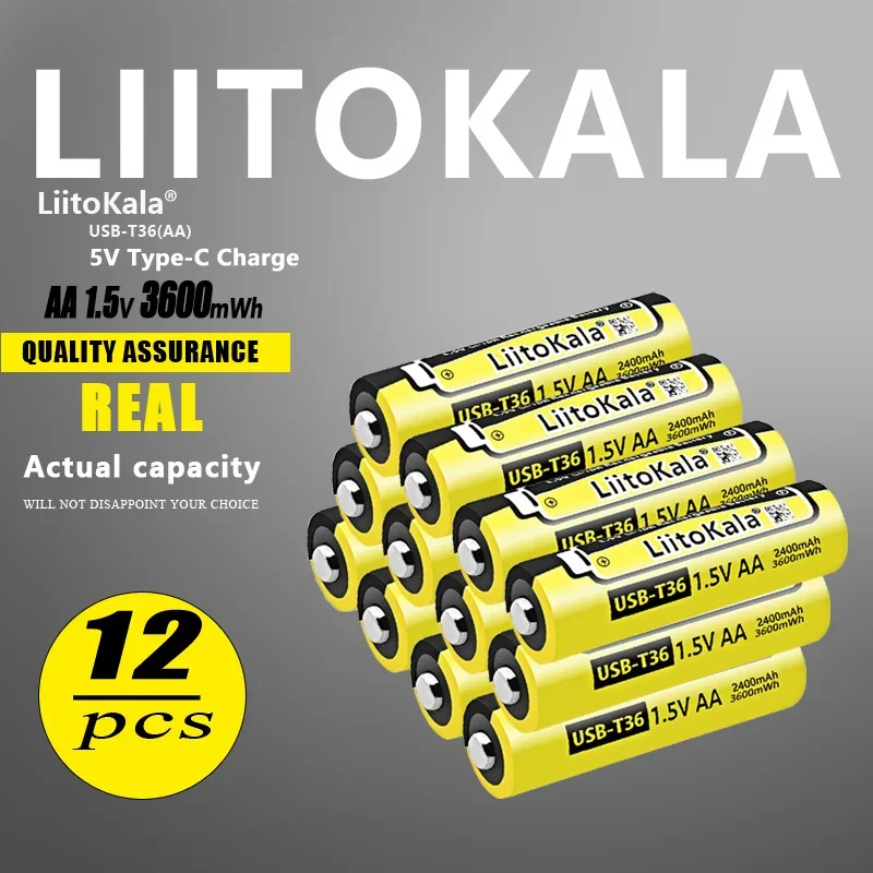 

12pcs LiitoKala USB-T36 AA 1.5V 3600mWh rechargeable battery aa supports direct charging of C-line Pilas rechargeable battery