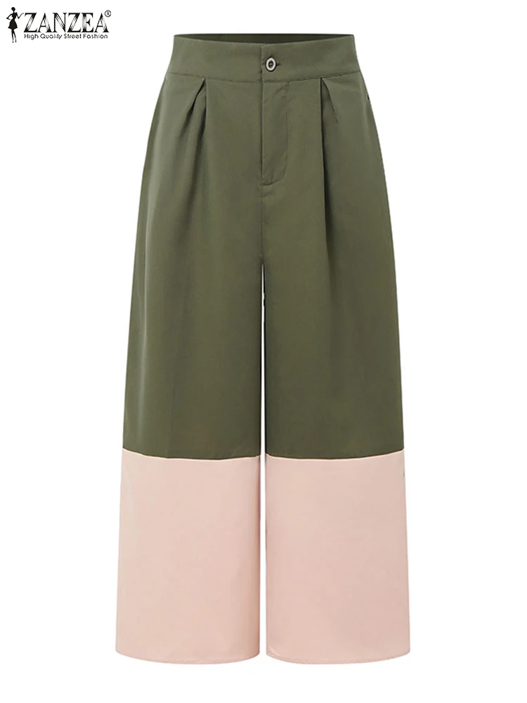 ZANZEA 2025 Fashion Women Long Trousers High Waist Pockets Wide Leg Pants Autumn Casual Color Patchwork Streetwear OL Pantalons