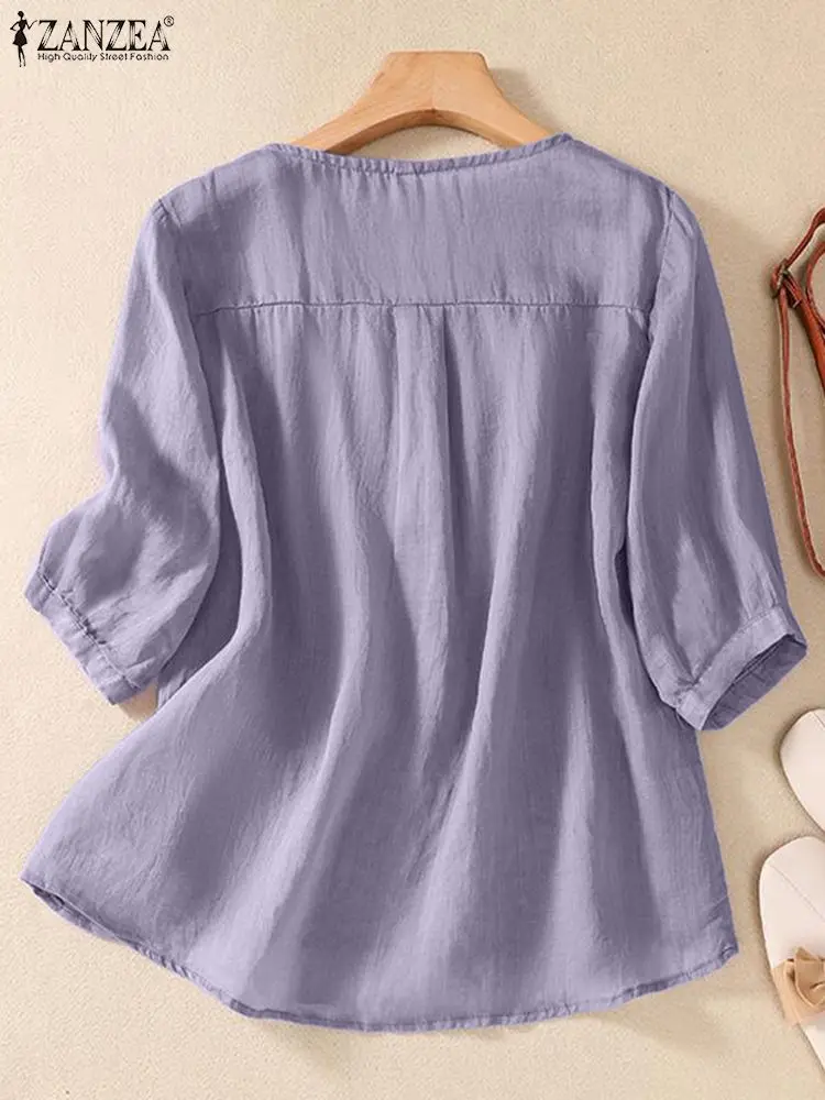 ZANZEA Autumn Women Blouse Summer Embroidery Floral Shirt Casual Solid Tunic Tops Elegant V Neck 3/4 Sleeve Work Blusas Mujer