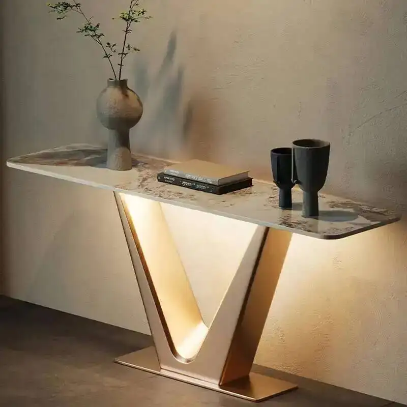 

Entrance Light Tables Luxury Italian Home Console Furniture Living Room Stainless Steel Porch Table with Lamp Modern Slate Table