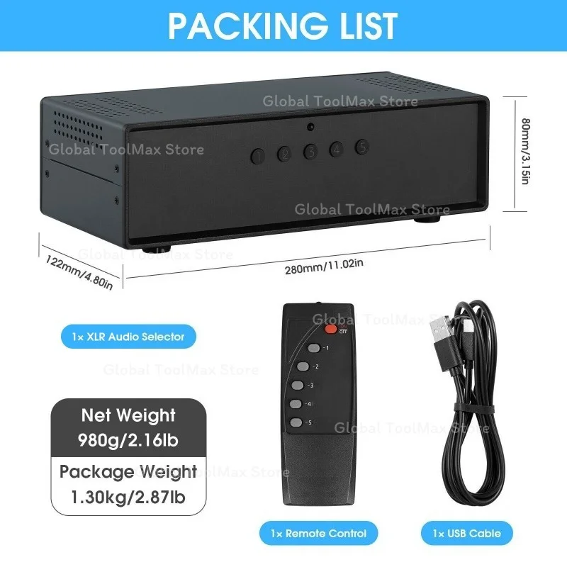MC105 Manual 5-Way Balanced XLR Audio Switcher Box 1(5)-IN-5(1)-OUT Amplifier Signal Selector Splitter