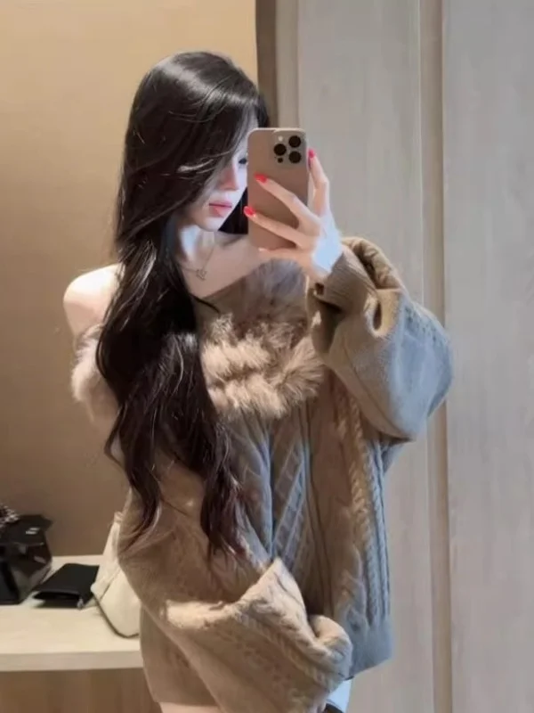 

Retro Lady Style Loose Knitted Sweater One Shoulder Fashionable Spring 2026 Small Size Knitted Top Warmth Heating Long Sleeve