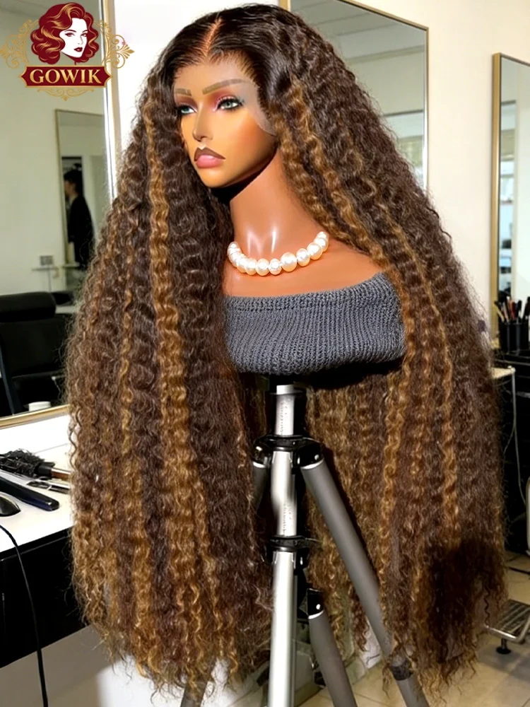 

Ombre Highlight Deep Wave Wig Human Hair 34 32 Inch Preplucked 4/27 Color Curly 13x4 Lace Frontal Wigs For Women 250% Density