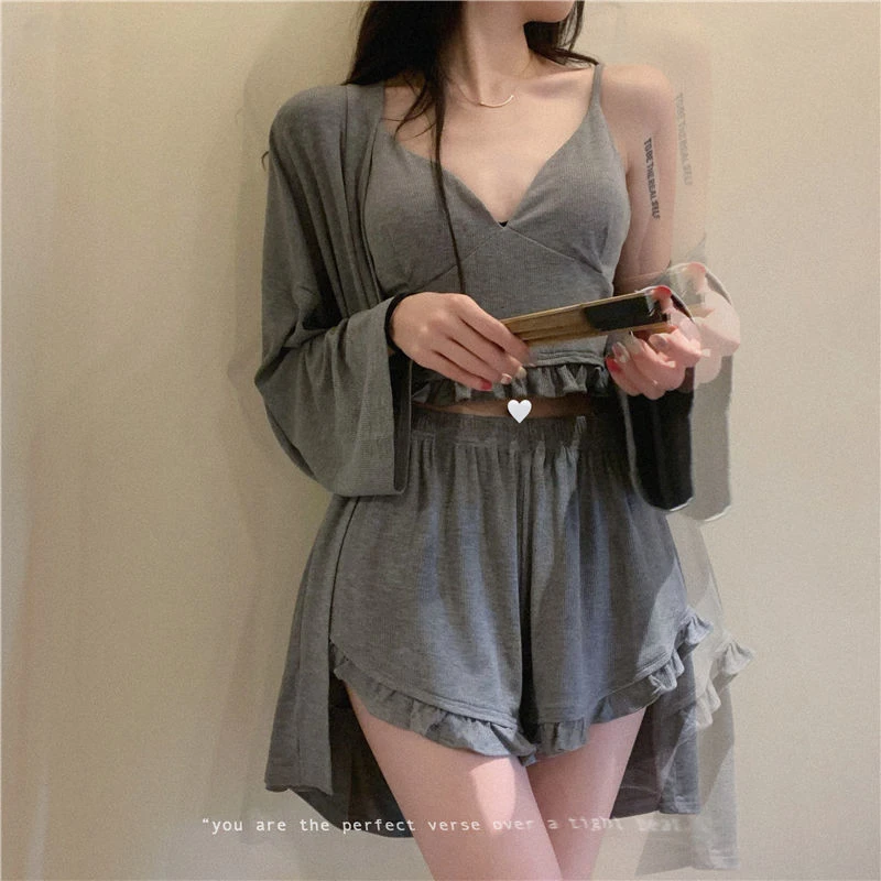 Pajamas Set with Chest Pad Girls Instagram Sexy Halter Homestays Long Sleeved Pajamas Three-piece Set Spring and Summer