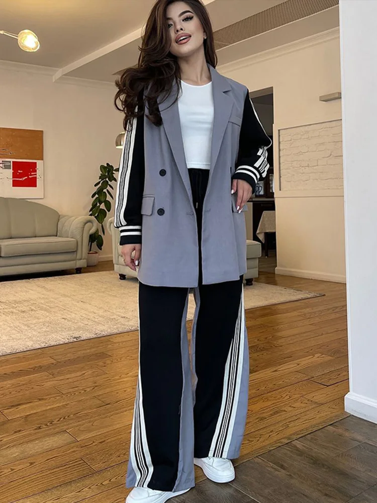 Fall Winter Women Loose Long Sleeved Set Fashion Color Blocked Straight Pants Suit Elegant Office Double Breasted Blazer Outfits