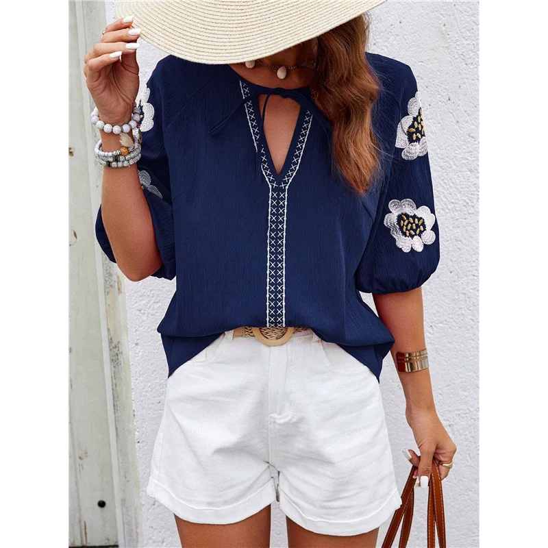 

AG-Women's Summer Tops Floral Embroidered Puff Short Sleeve Shirts V Neck Boho Tunic Casual Blouse