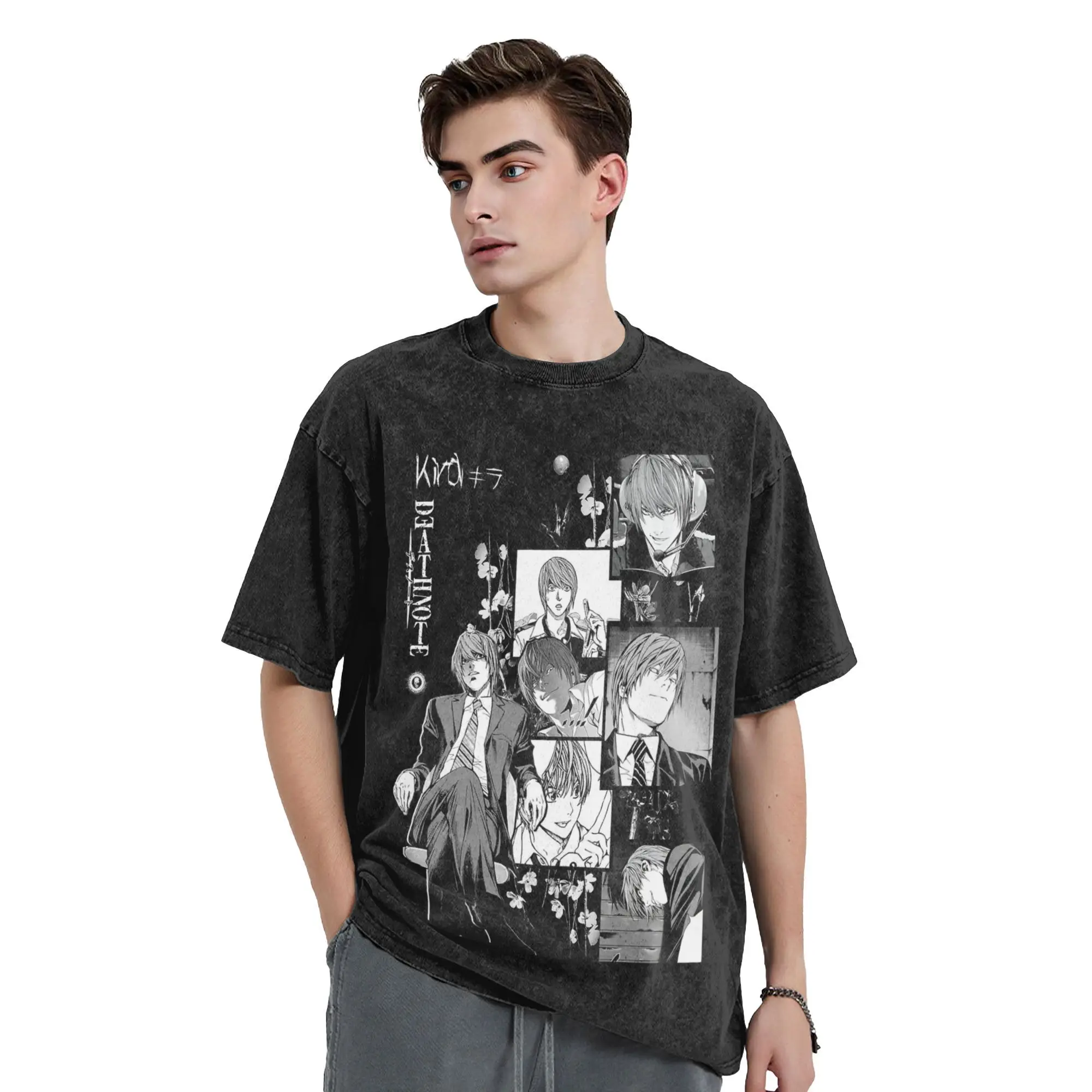 Мужская футболка Kira Light Yagami Death Note, винтажная футболка с короткими рукавами и круглым воротником, топы из чистого хлопка