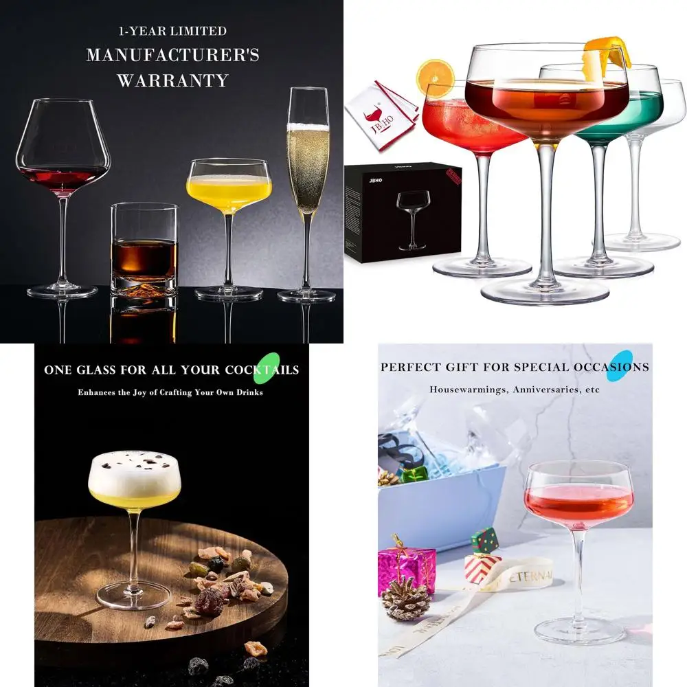 

Set of 4 Large 10 Oz Hand-Blown Crystal Cocktail Glasses - Ideal for Champagne or Barware Gifts for Mother's Day