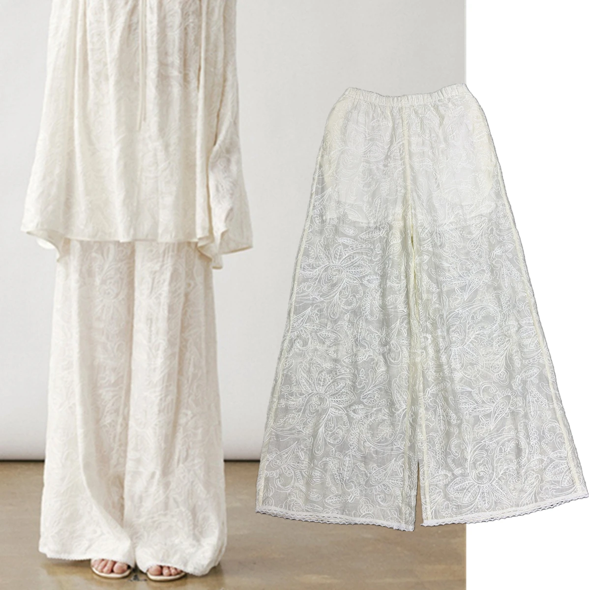 

Maxdutti French Lazy Elastic Waist Embroidered Wide Leg Pants Women's Minimalist Lace Women's Pants And Trousers Woman Clothes