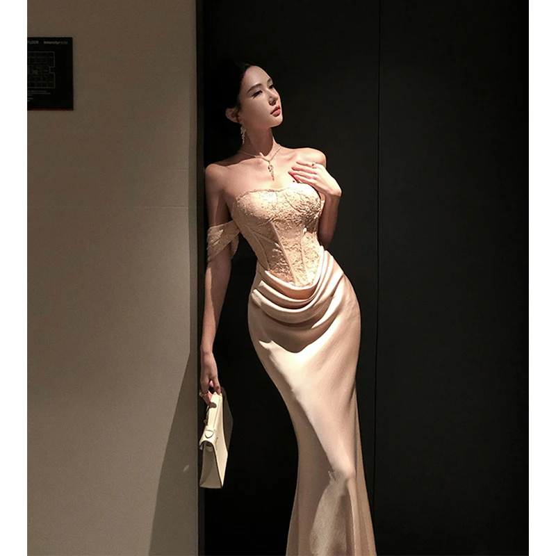 

Elegant Long Dress Women Party Prom Luxury Sexy Lace Strapless Maxi Dresses Summer Bodycon Mermaid Robe Formal Occasion Vestidos