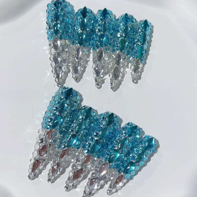 Atacado artesanal xxxl longo 10 pçs imprensa em unhas y2k bling strass longo stiletto quadrado unhas falsas reutilizáveis unhas falsas