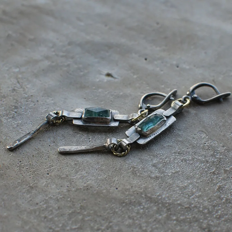 Extra Long Tribal Green Zircon Dangle Earrings for Women Vintage Jewelry Antique Metal Geomrtric Handmade Statement Earrings