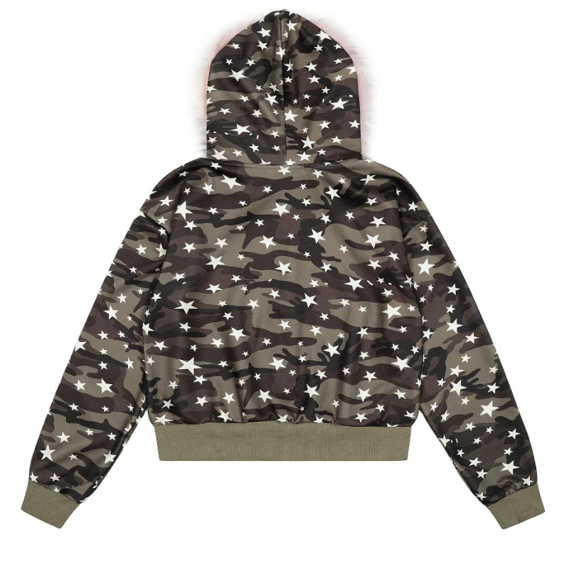 ハイストリートファッションのトレンド、パーソナライズされたプリント入り帽子、ジッパー付きカーディガン、迷彩柄のフード付きスウェットシャツ、ベルベットのファー襟