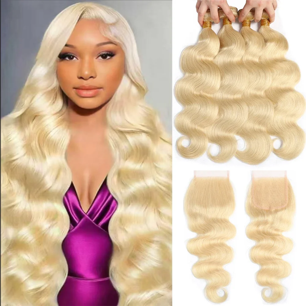 Paquetes de Cabello Humano Virgen Brasileño 12A 613 Ondulado con Cierre 4x4, Extensiones de Cabello Humano Rubio Miel Ondulado para Mujer