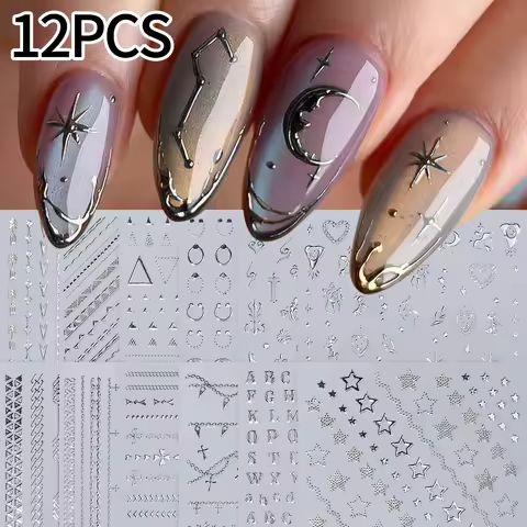 3D Gilding Silver Punk Star Chain Nail Art Stickers Laser Gold Color Moon Heart Letter Nail Decals Rivet Ring Metallic Manicure