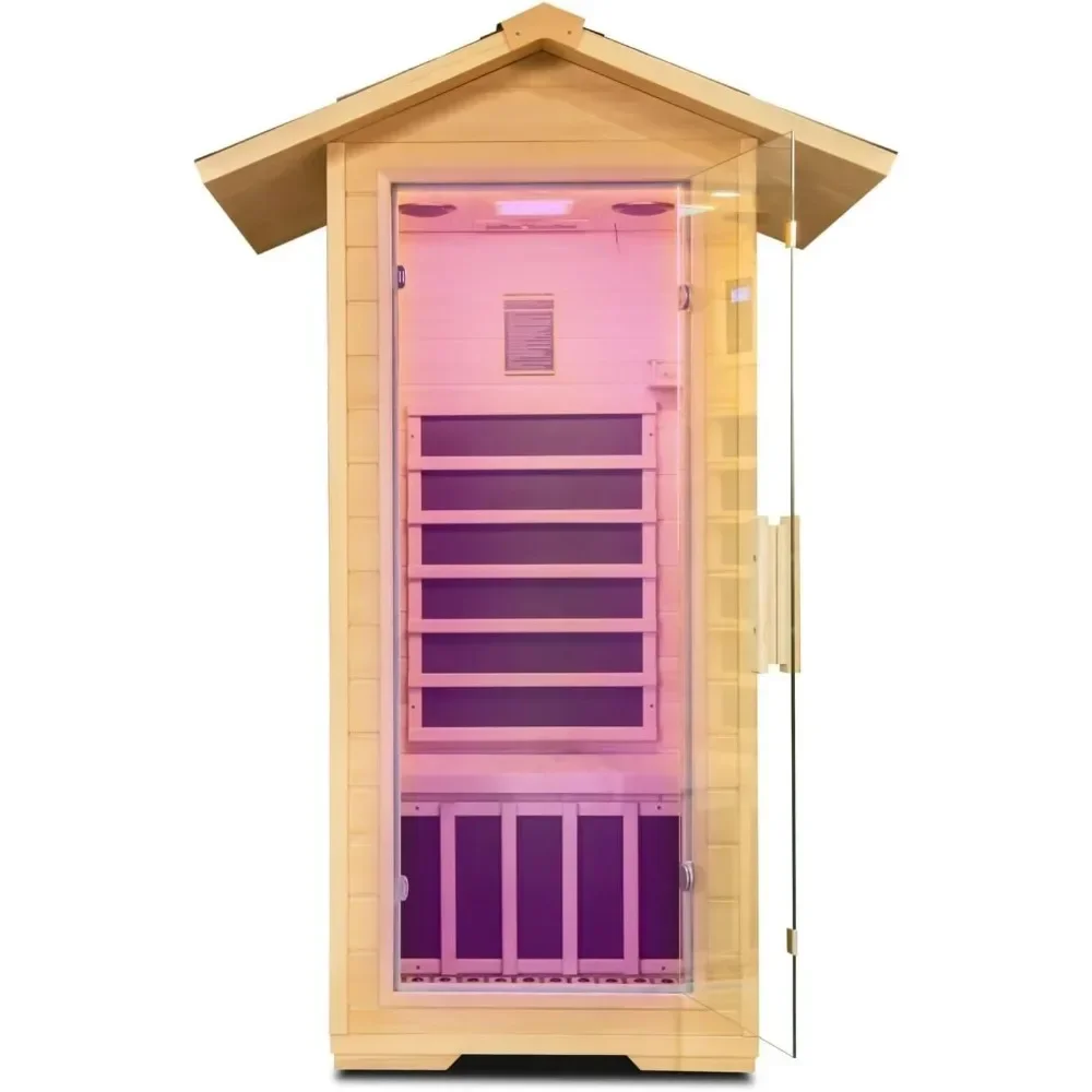 1 Person Outdoor Far Infrared Sauna，Canadian Hemlock Wood Home Indoor Sauna 1400W Dry Sauna Personal Room with Speakers, LED